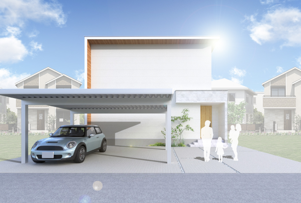 【完成予想図】明るい色合いをベースに、木目のアクセントが際立つナチュラルな外観。