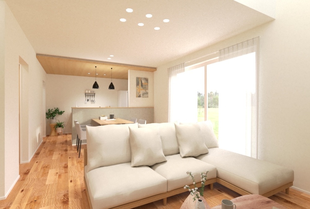 【完成予想図】吹き抜けがもたらす光の開放感と、下がり天井が包み込む安心感。相反する心地よさが共存するデザインです。