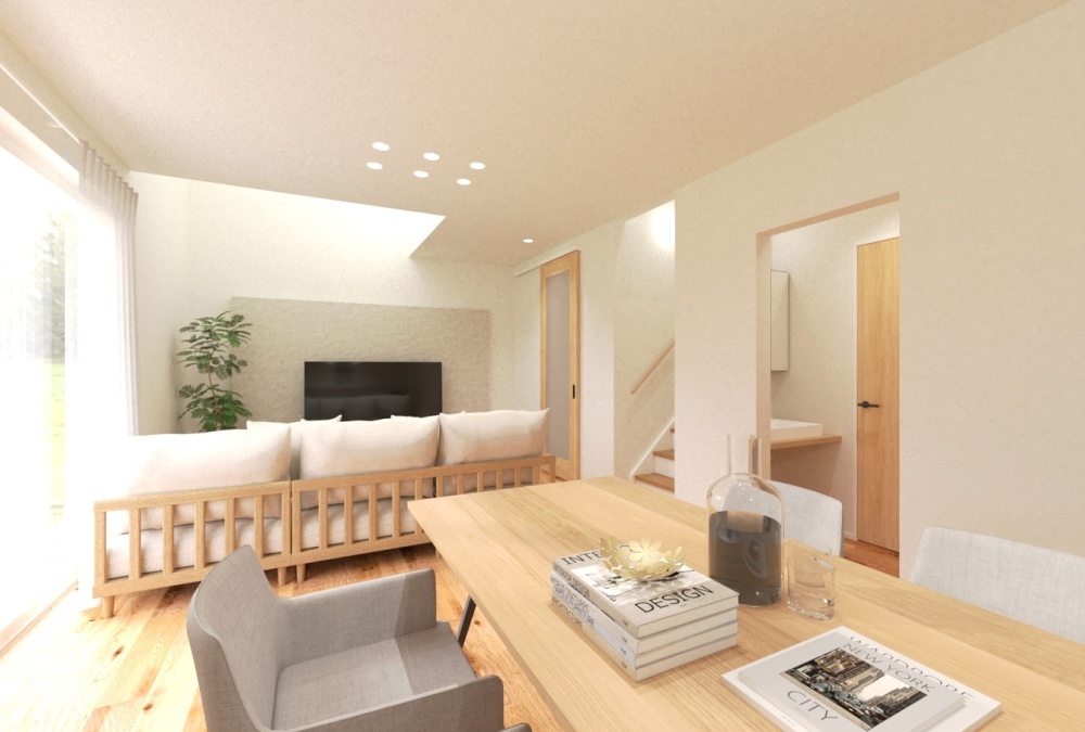 【完成予想図】掃き出し窓と吹抜けから自然光が差し込み明るい空間になります。