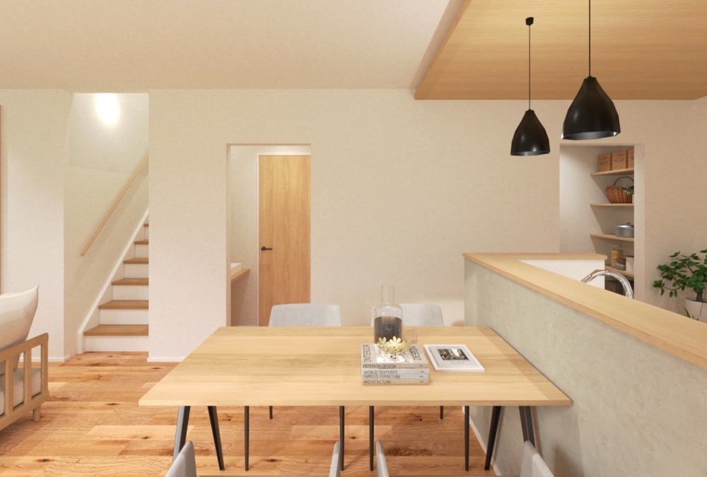 【完成予想図】温もりのある木目調クロスを中心に取り入れた、ナチュラルなインテリア。