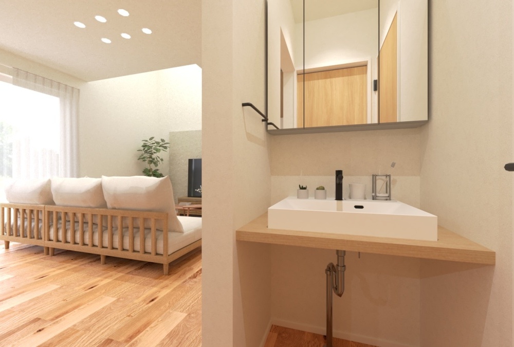 【完成予想図】シンプルながら清潔感のある造作洗面。脱衣室と分けることで、家族のプライバシーも守ります。