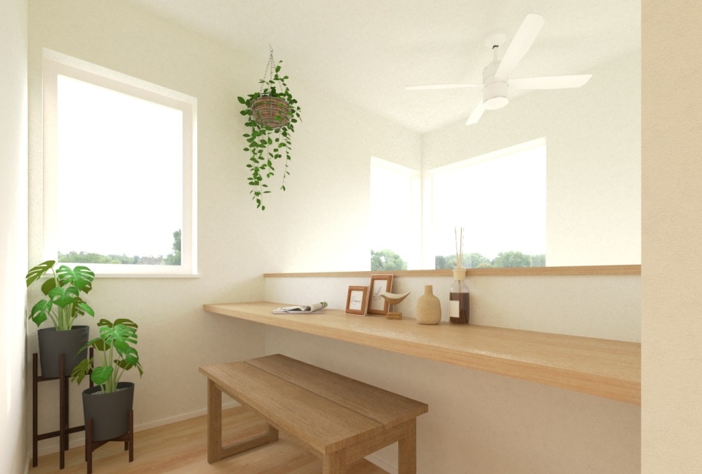 【完成予想図】吹抜けを介して1階とつながる2階ホールのカウンター。