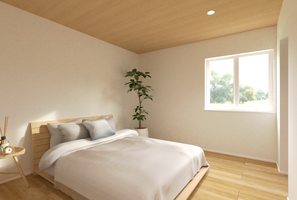 【完成予想図】木目の天井クロスが落ち着く2階主寝室。大容量のウォークインクローゼットも完備しています。