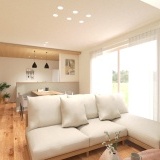 【完成予想図】吹き抜けがもたらす光の開放感と、下がり天井が包み込む安心感。相反する心地よさが共存するデザインです。