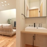 【完成予想図】シンプルながら清潔感のある造作洗面。脱衣室と分けることで、家族のプライバシーも守ります。