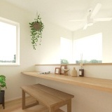 【完成予想図】吹抜けを介して1階とつながる2階ホールのカウンター。