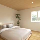 【完成予想図】木目の天井クロスが落ち着く2階主寝室。大容量のウォークインクローゼットも完備しています。