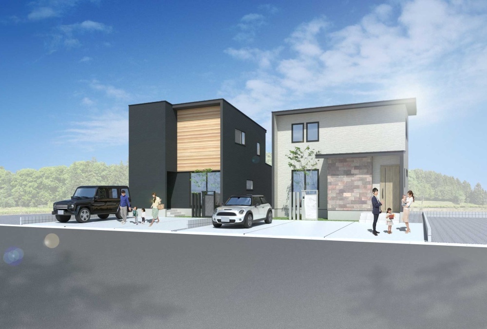 B棟／右　グレーの外壁にタイル調のアクセントが映えるナチュラルモダンスタイル。