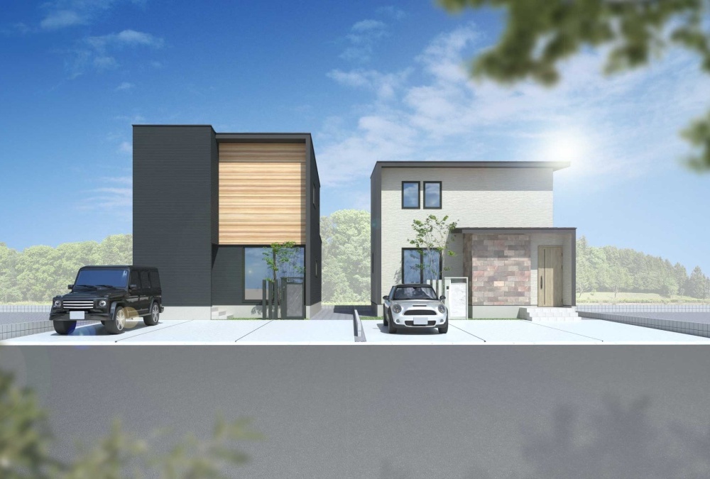 B棟／右　グレーの外壁にタイル調のアクセントが映えるナチュラルモダンスタイル。