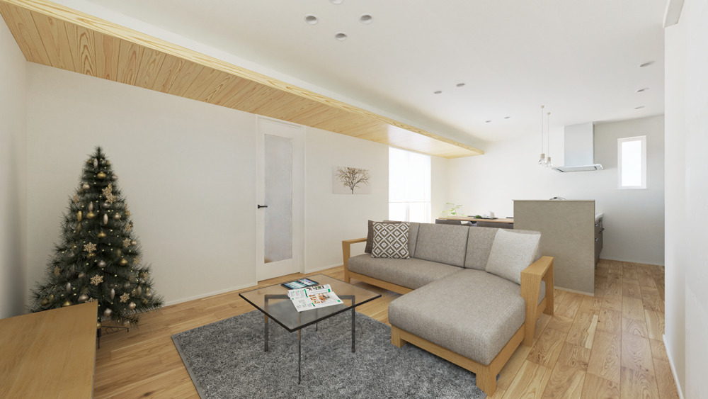 【内観予想図】下がり天井に間接照明をあしらい、ナチュラルデザインが調和する落ち着いた空間に。