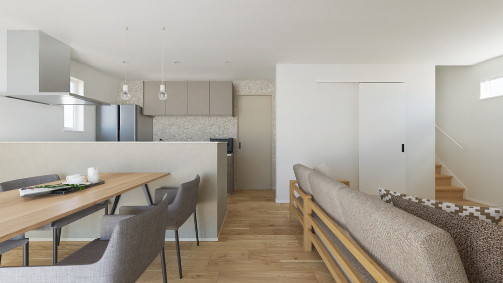 【内観予想図】LDK・ランドリールーム・ファミリークロークを行き止まりなくぐるっと回れる回遊動線で、毎日の家事がスムーズに。