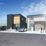 B棟／右　グレーの外壁にタイル調のアクセントが映えるナチュラルモダンスタイル。