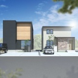 B棟／右　グレーの外壁にタイル調のアクセントが映えるナチュラルモダンスタイル。