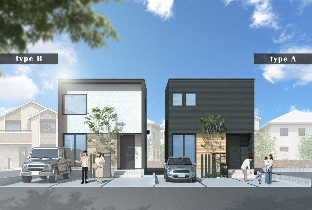 外観予想図（左B棟/右A棟）外観は、ブラックの外壁に木目サイディングがアクセントを添えるモダンスタイル。
