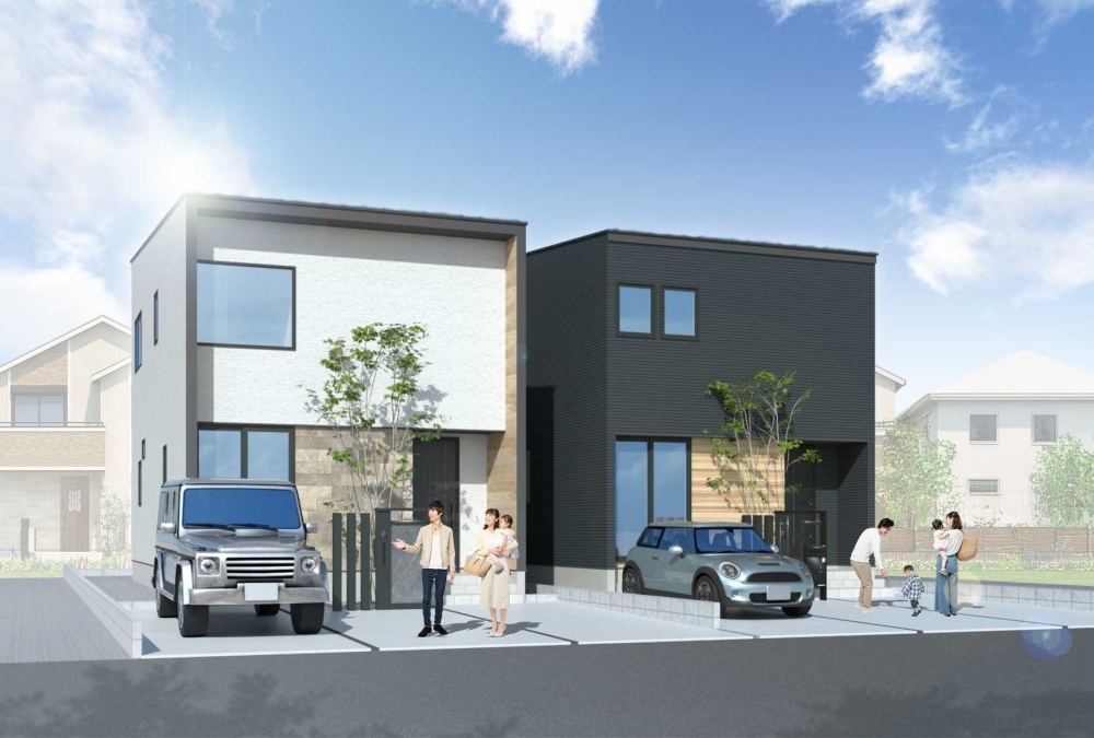 外観予想図（左B棟/右A棟）外観は、ブラックの外壁に木目サイディングがアクセントを添えるモダンスタイル。