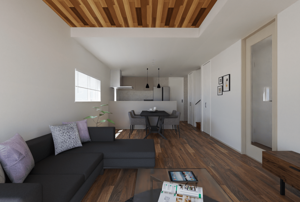 内観予想図①羽目板×高天井のあるリビング