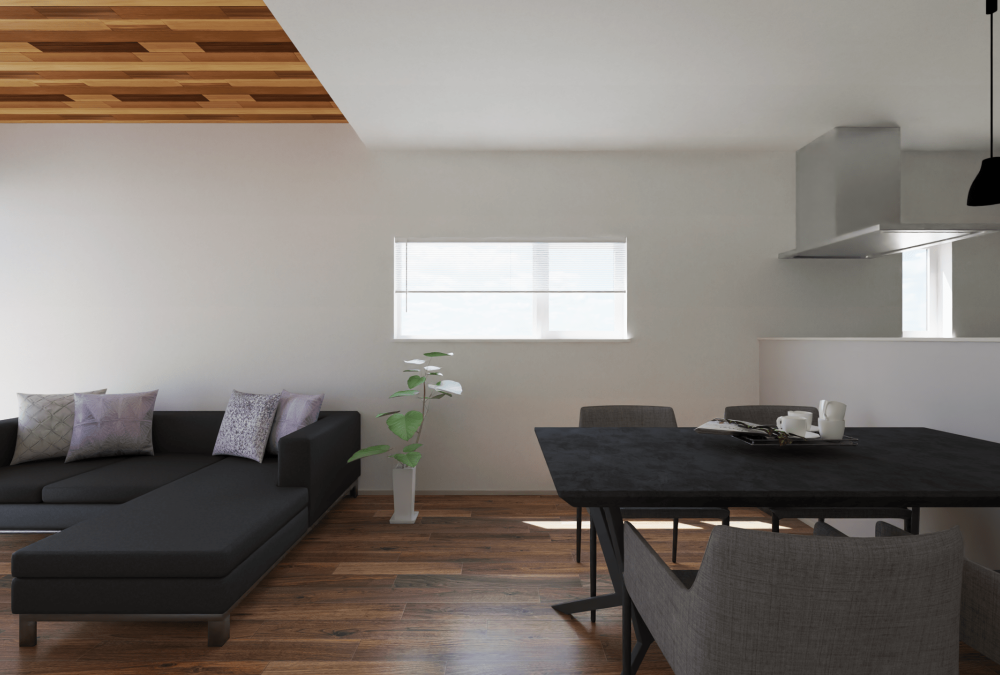 内観予想図②羽目板×高天井のあるリビング