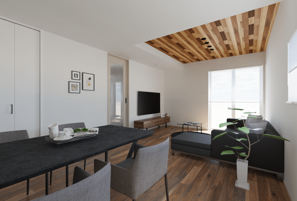 内観予想図③羽目板×高天井のあるリビング