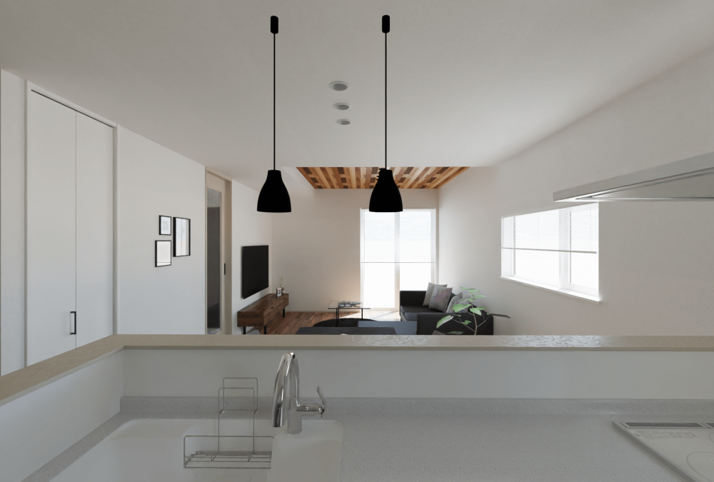 内観予想図②I字型LDKでキッチンからリビング全体を見渡せます