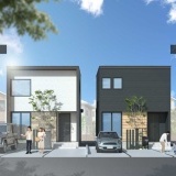 外観予想図（左B棟/右A棟）外観は、ブラックの外壁に木目サイディングがアクセントを添えるモダンスタイル。