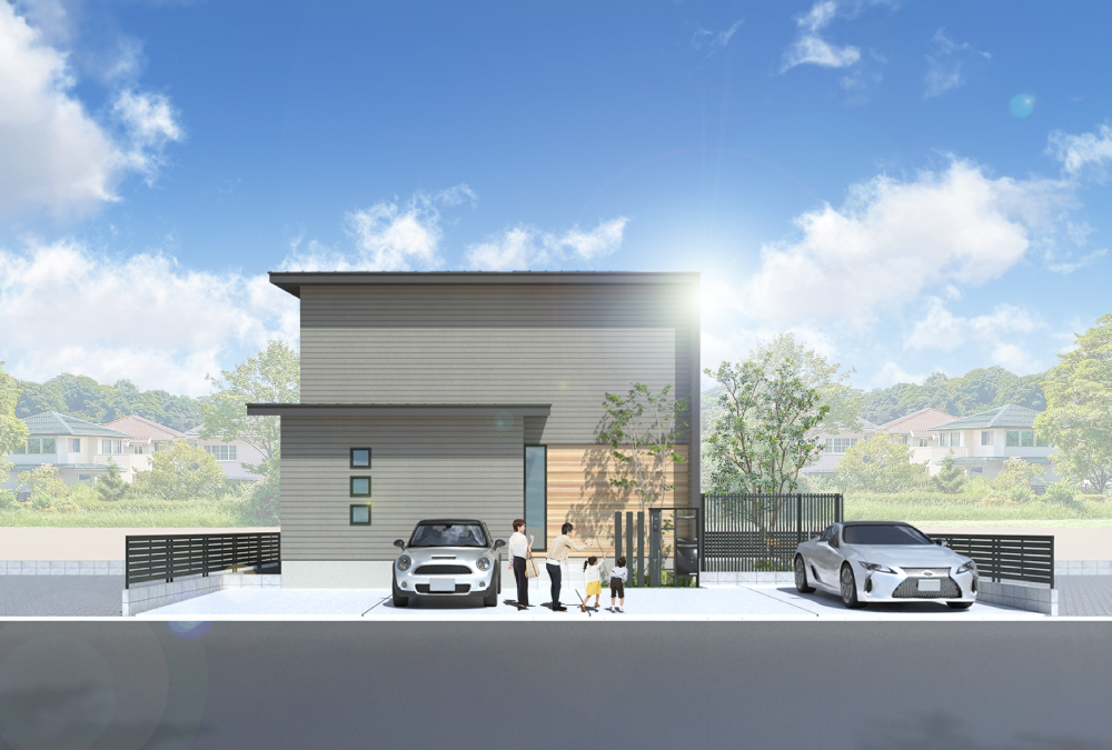 【完成予想図】木目のサイディングがアクセントになった、モダンな外観デザイン。※外構・植栽はイメージです。