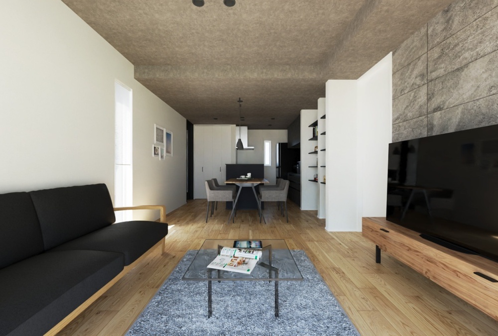 【完成予想図】モノトーンを基調とした配色で、都会的で洗練された、シンプルかつ高級感のあるアーバンモダンテイストの内装です。