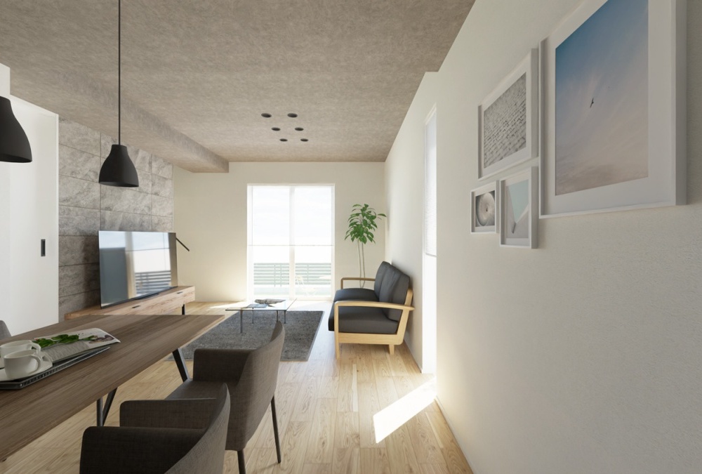 【完成予想図】リビングの一部に高天井を設けることで、開放感と抜け感のある空間になっています。