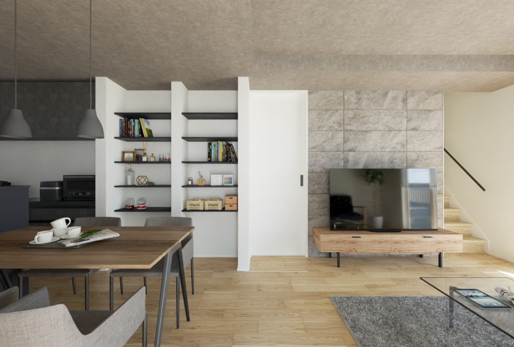 【完成予想図】テレビ背面には、空間全体の印象を引き締めるアクセントウォールとしてエコカラットを採用しました。機能性・デザイン性に優れています。