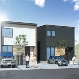 外観予想図（左A棟/右B棟）天然杉板と石目調サイディングが絶妙に調和し、街並みに映えるナチュラルモダンな外観デザイン。