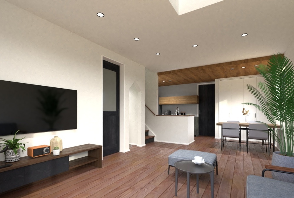 【完成予想図】１９．４帖のＬＤＫは、吹抜けと下がり天井が織りなす「高さのコントラスト」が、帖数以上の開放感をもたらします。