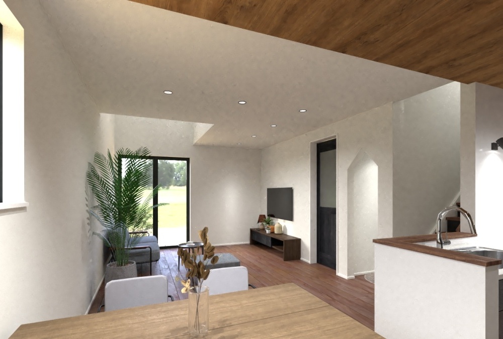 【完成予想図】下がり天井×吹抜けのコントラストが、ＬＤＫに開放感を演出してくれます。