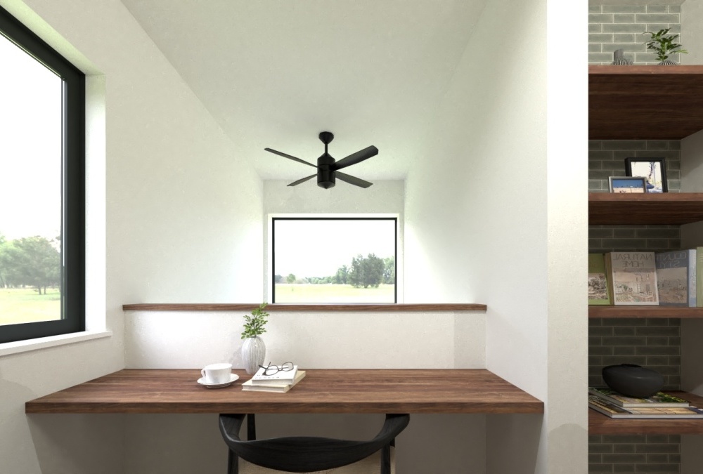 【完成予想図】吹抜けを介して１階とつながる２階ホールのマルチカウンター。