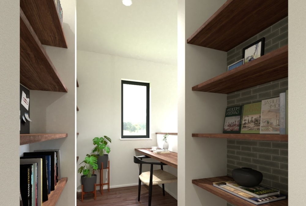 【完成予想図】豊富な可動棚収納を本棚にして書斎スペースとしての活用も便利です。