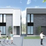 洗練されたシンプルなホワイトカラーを基調とし、自然素材の質感を生かしたソリッドタイル調の外壁材をアクセントに用いた上質で高級感ある外観デザイン。
