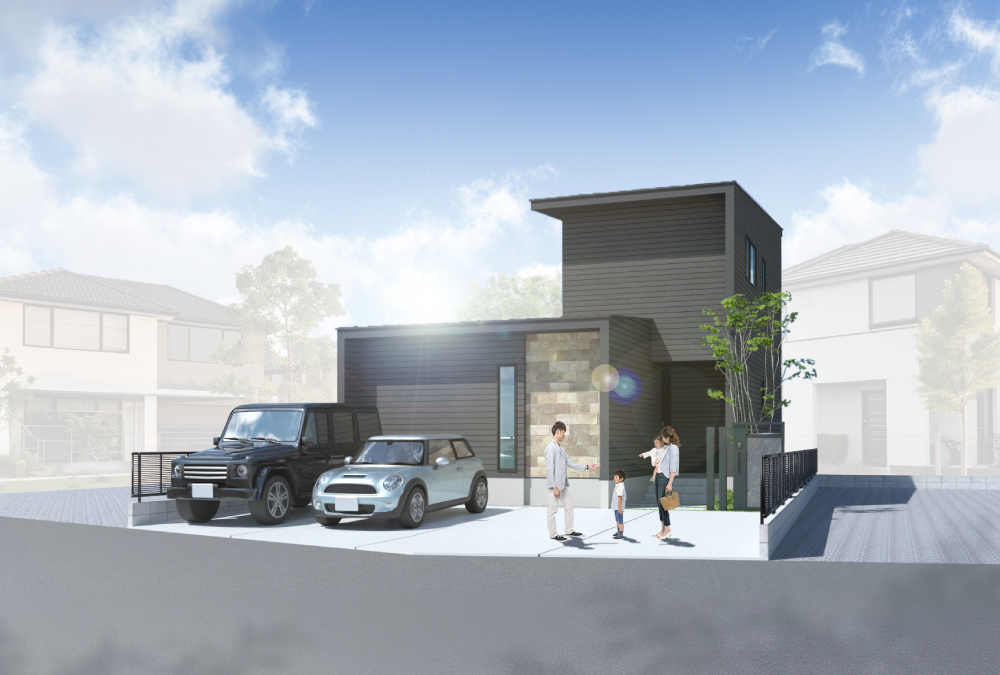 【完成予想図】ブラックの外壁に石目タイル調のアクセントが映えるスタイリッシュモダンな外観。街並みに溶け込みながらも、存在感を放つ佇まいです。※外構・植栽はイメージです。