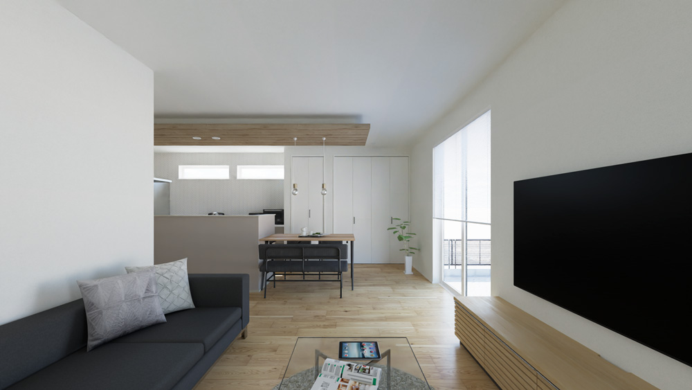 【完成予想図】LDK・水廻り・主寝室が1階に集約された間取りで、まるで平屋のような暮らしが可能です。