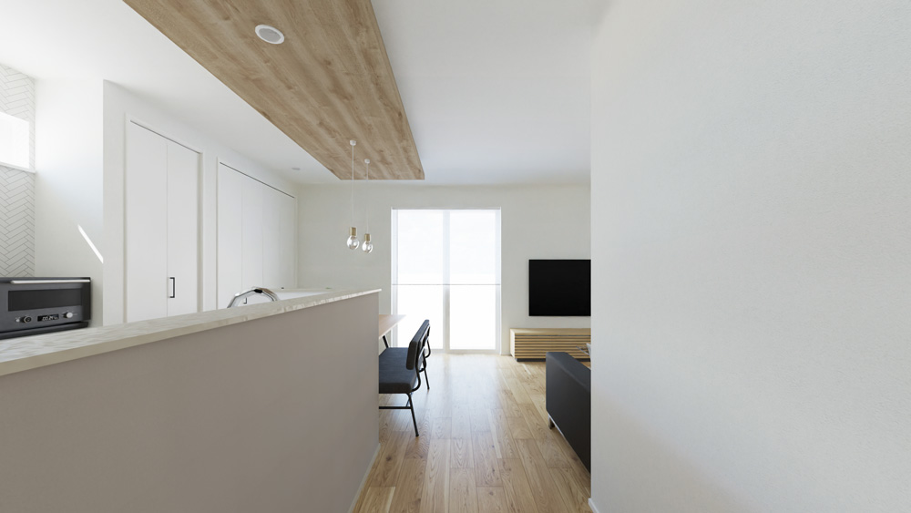 【完成予想図】キッチン・ダイニングの天井を一段下げることで、空間に緩やかな区切りとアクセントが生まれます。