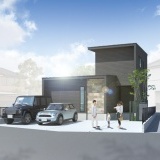 【完成予想図】ブラックの外壁に石目タイル調のアクセントが映えるスタイリッシュモダンな外観。街並みに溶け込みながらも、存在感を放つ佇まいです。※外構・植栽はイメージです。