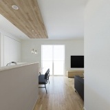 【完成予想図】キッチン・ダイニングの天井を一段下げることで、空間に緩やかな区切りとアクセントが生まれます。