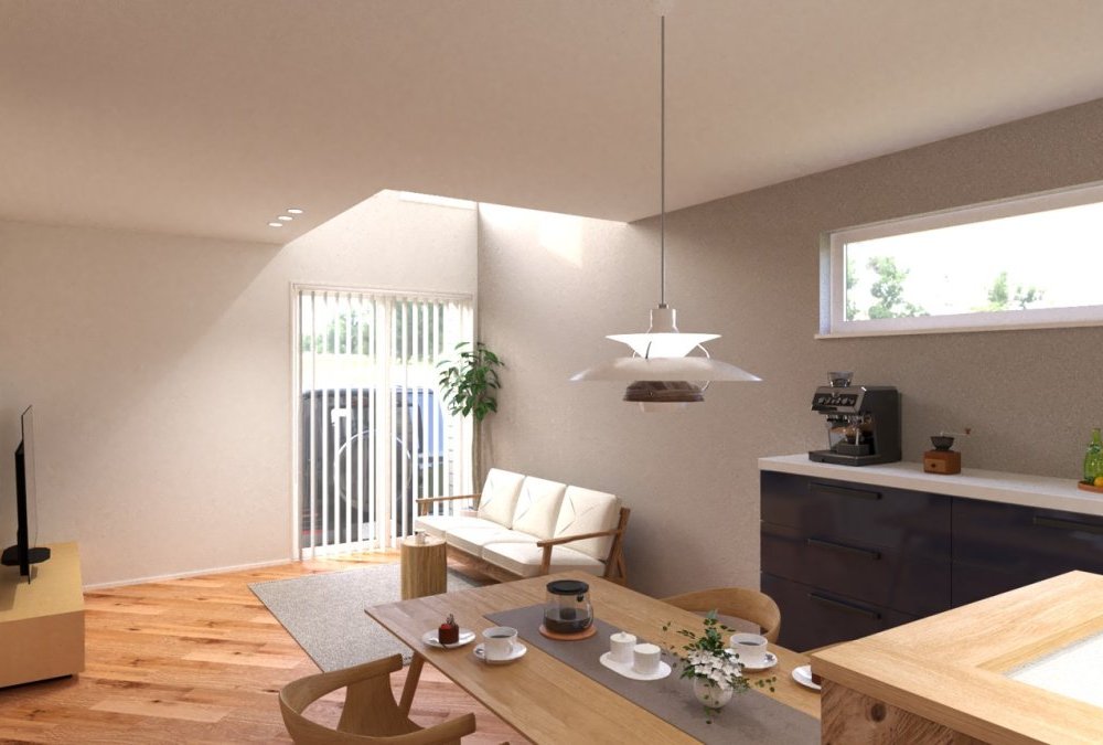 LDKは17.7帖の大空間で、天井高も2.5mのため圧迫感なく過ごせます。さらに吹抜があることで、LDKが明るく開放的な空間になり、帖数以上の開放感を感じられます。