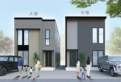 フラットデザインのブラックカラーの外壁を基調に、吹付材と天然木が上質な素材感を織りなすクールモダンな外観デザインです。