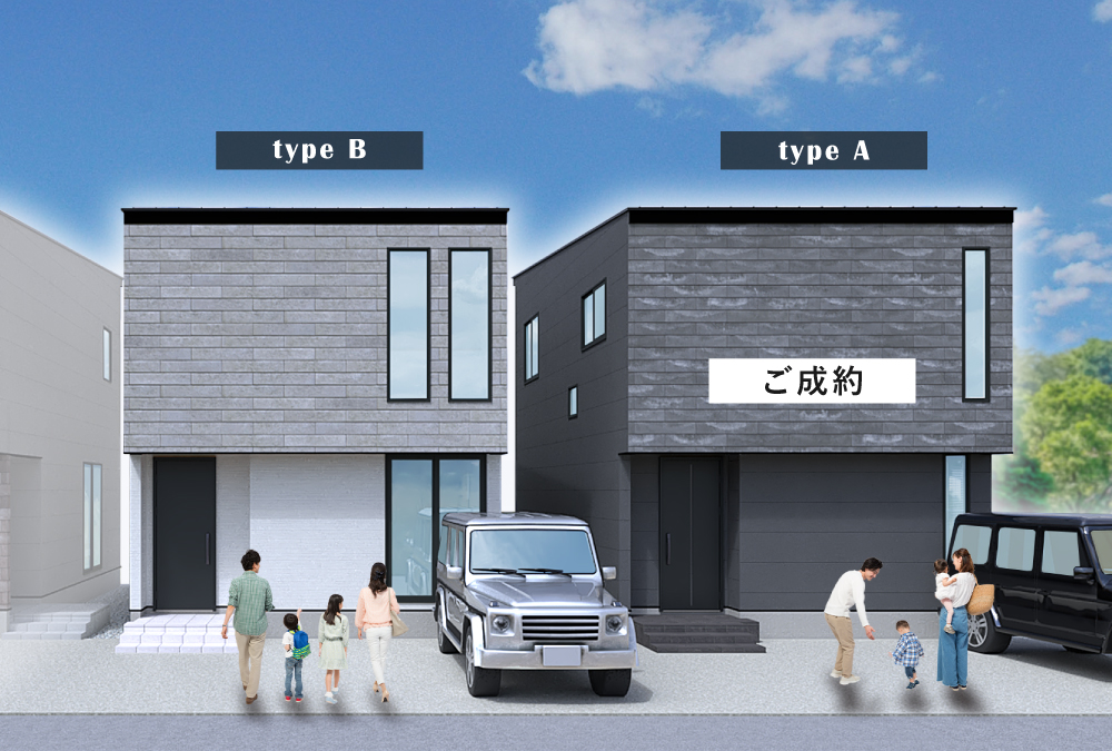 【B棟：画像左側】洗練されたホワイトカラーを基調とし、自然素材の質感を生かしたソリッドタイル調の外壁材をアクセントに用いた上質な外観デザイン♪