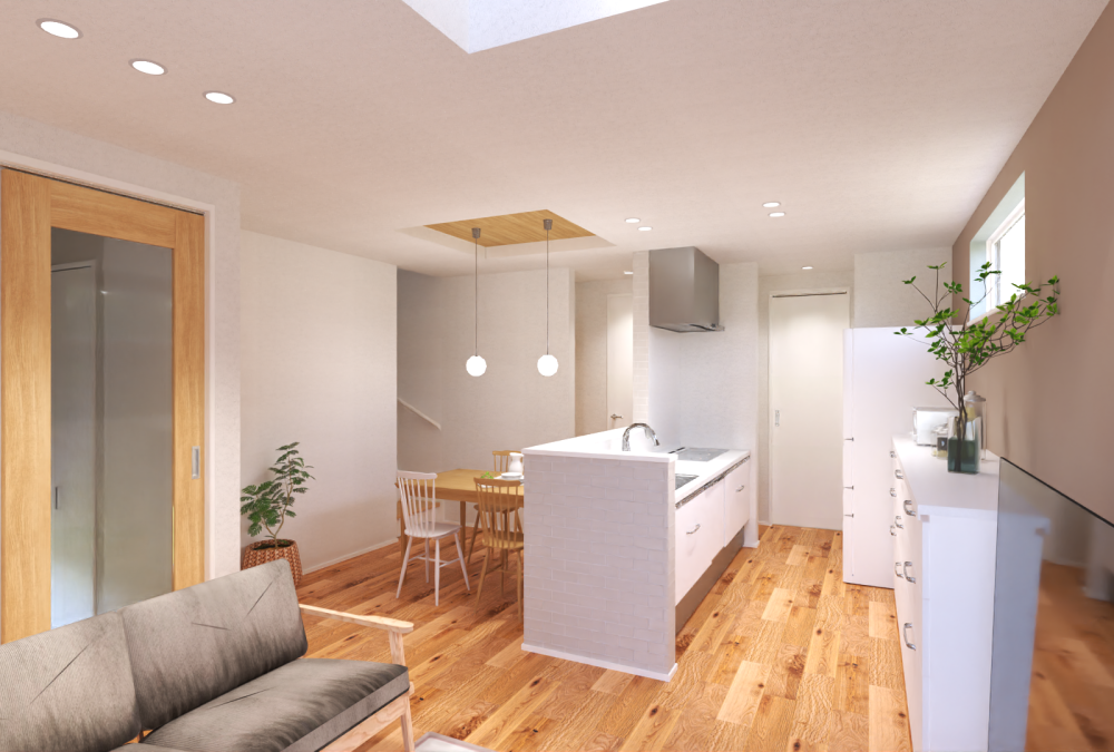 ダイニングの木目調の折り上げ天井がぬくもりと素材感を感じる空間づくりです♪