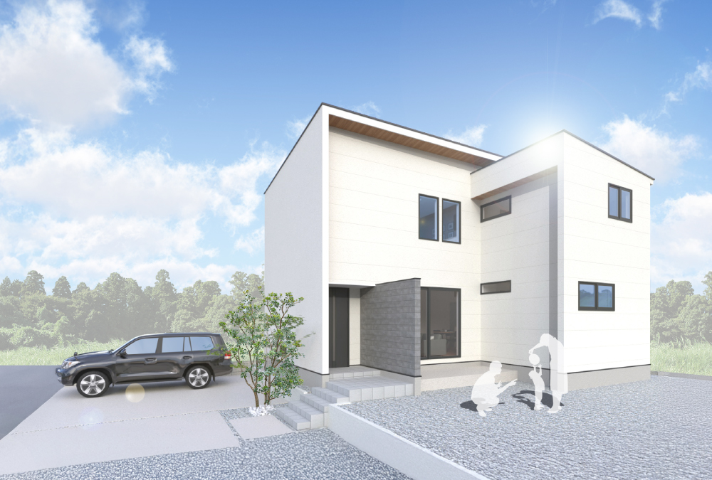 外観予想図①ホワイトとグレーの明るい外壁を基調にした、洗練されたシンプルモダンスタイル。