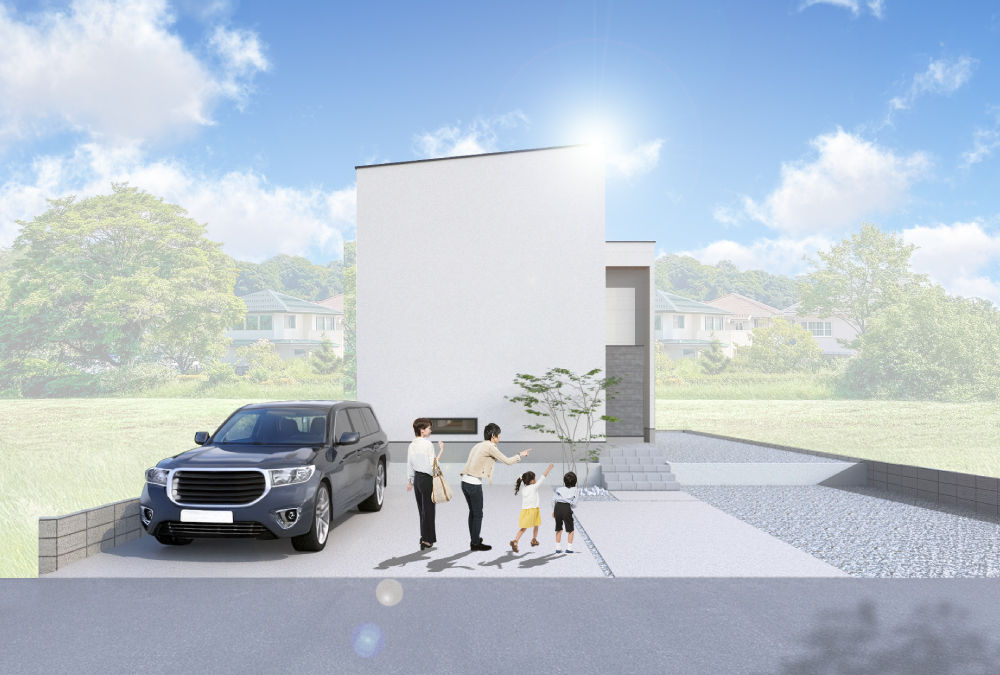 外観予想図②ホワイトとグレーの明るい外壁を基調にした、洗練されたシンプルモダンスタイル。