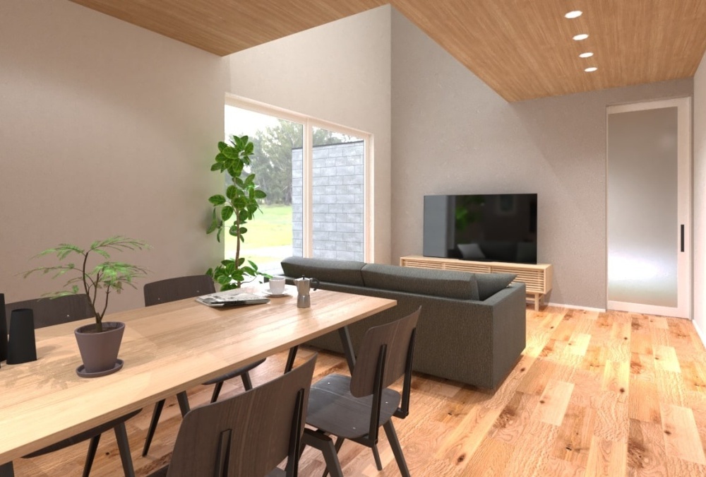 内観予想図③吹抜けからの陽光と木目が心地よい空間を創り出します。