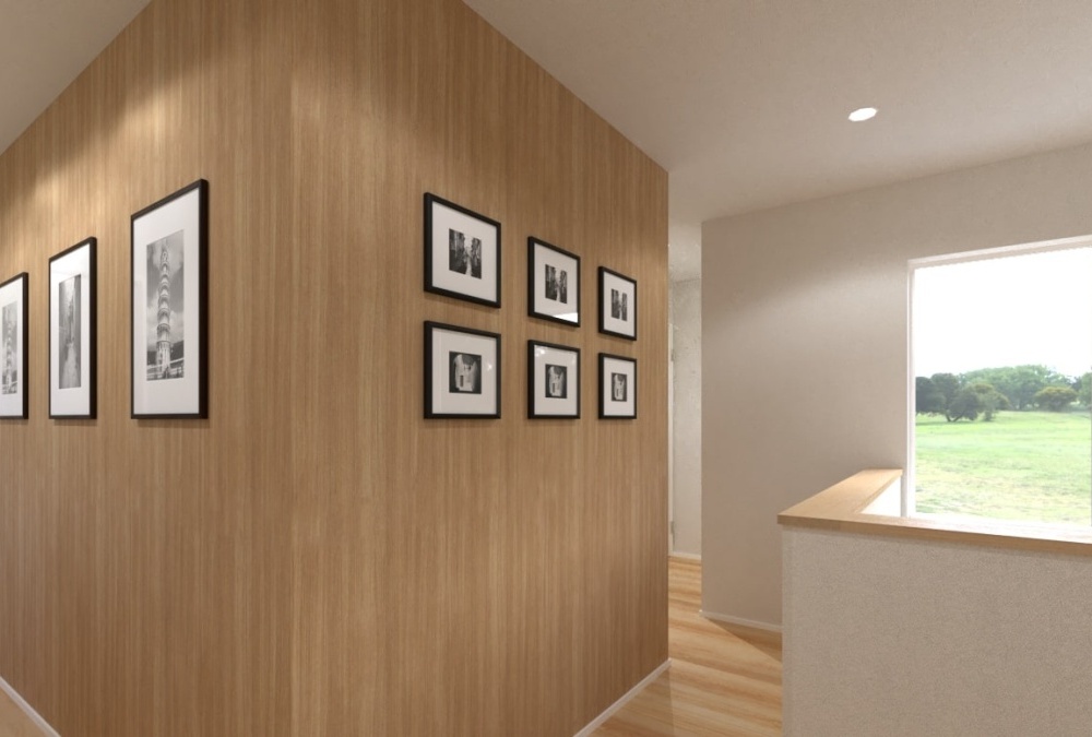 内観予想図⑤2階ホールも木目クロスを施すことで、統一感のある内装デザインに。