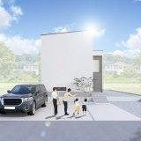 外観予想図②ホワイトとグレーの明るい外壁を基調にした、洗練されたシンプルモダンスタイル。