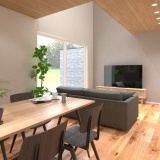 内観予想図③吹抜けからの陽光と木目が心地よい空間を創り出します。