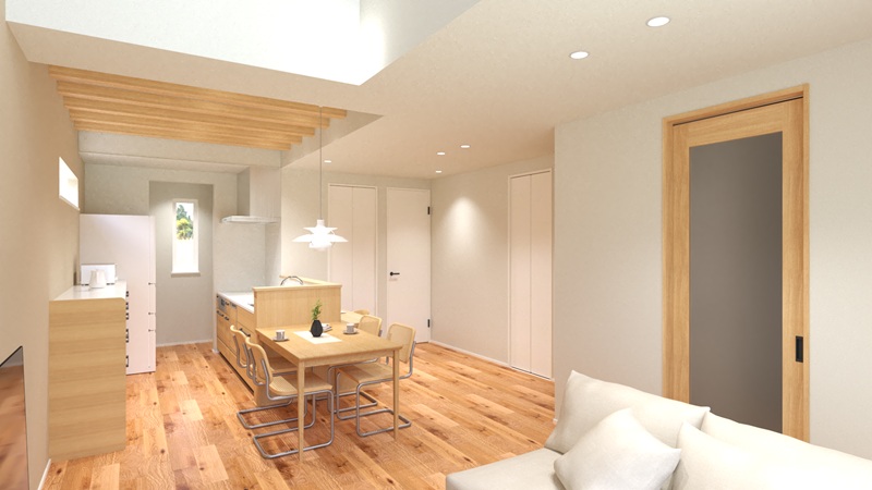 内観予想図①LDKには一部高天井を設け、さらに化粧梁で空間に奥行きとアクセントをプラスしました。